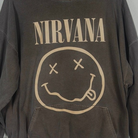 Nirvana Smiley Face Graphic Hoodie Brown Pullover Sweatshirt Mens Large TSH001 - Picture 2 of 7